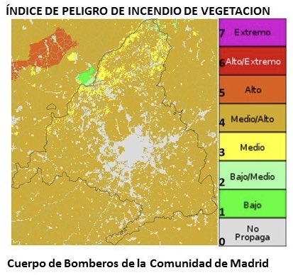 112cmadrid's tweet photo. 👉🏻 Este es el mapa de índice de peligro de #IIFF para hoy domingo en la @ComunidadMadrid.

☀️ Aún queda verano. No bajemos la guardia y ante cualquier indicio de fuego 🔥 , aviso a #Madrid112.

#ASEM112
#BomberosCM
#INFOMA22 
#StopIncendios https://t.co/FOqG1PbHHn
