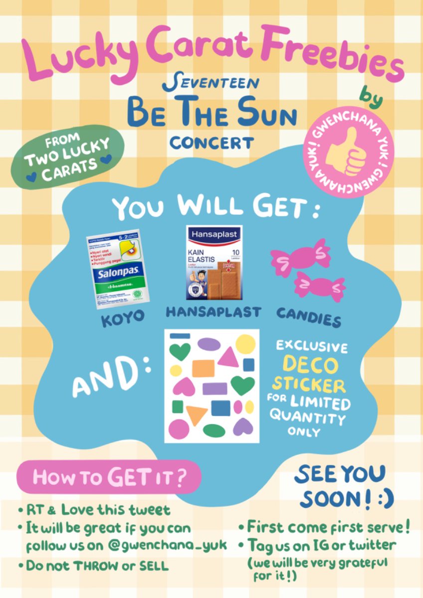 💎LUCKY CARAT FREEBIES💎
SEVENTEEN BE THE SUN IN JAKARTA
by two lucky carats ft. <a href="/gwenchana_yuk/">gwenchana!</a> 

📍ICE BSD HALL 5-6
🗓 24 SEPTEMBER 2022 (DAY 1)
⏰ TBA
☀️Limited quantities!!

Details below👇 

See you soon, carats!💖

#SEVENTEEN #BETHESUNwithSVT #BETHESUNinJKT