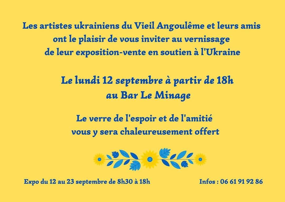 UkraineAmitie's tweet photo. Du 12 au 23 septembre, dans le bar Le Minage sur Angoulême, des déplacés Ukrainiens exposeront leurs créations personnelles lors d'une expo-vente, qui aura pour but de soutenir l'ukraine et les populations touchées par la guerre.
Les dons seront reversés à diverses associations🇺🇦 https://t.co/8uvEY2HeGX
