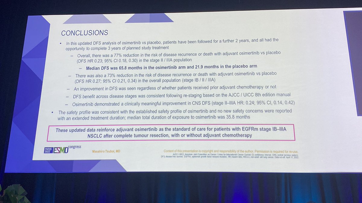#ESMO22  <a href="/OncoAlert/">OncoAlert</a> 🚨
The much-waited 4-year data of ADAURA:

➡️mDFS:65.8 m vs 21.9m HR=0.23
➡️HR=0.24 for CNS, 2% probability of CNS relapse at 3 years with OSI
➡️QTc prolong in 9%
OSI interrupted at 3 years and curve drops sharply after this landmark, so maybe continue beyond?