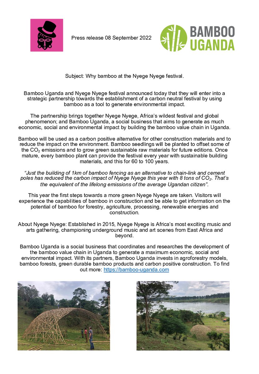 We proudly announce our partnership with <a href="/NyegeNyegeFest/">Nyege Nyege</a>. Together we work towards a carbon neutral festival by using  #bamboo. Come and check out the first bamboo dome built in Africa!

#bambooarchitecture #Nyege22 #nyegenyege #nyegenyegeFestival