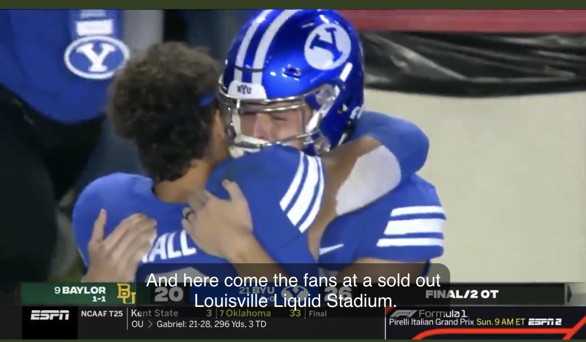Tydenney23's tweet photo. @cademiller8 @BYUfootball Me thanking Max Tooley for his outstanding effort tonight. https://t.co/27OwZrHkQa