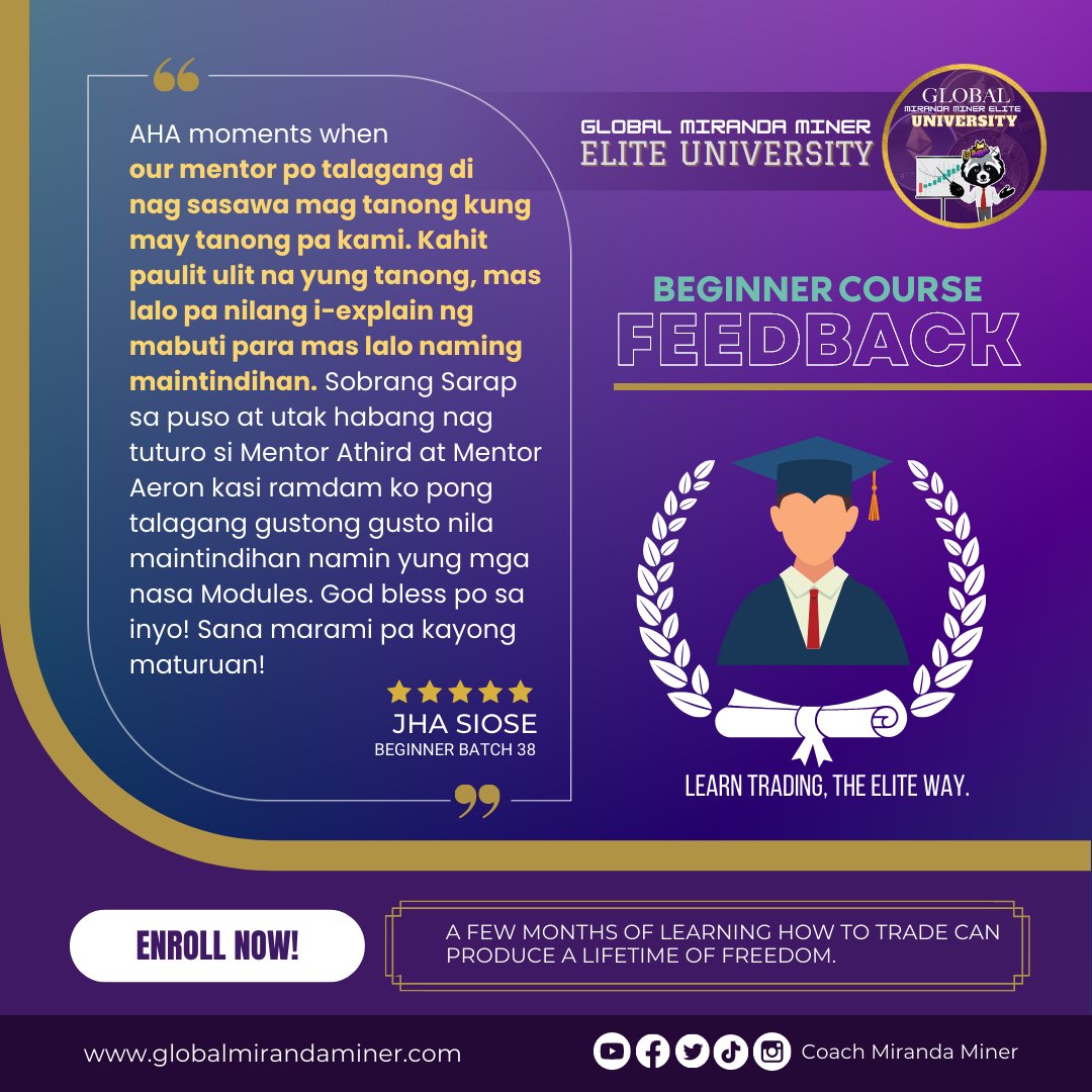 BEGINNER CLASS FEEDBACK!

“Our mentors di nagsasawa kahit na paulit ulit ung tanong lalo pa nilang i-explain ng mabuti para mas lalo naming maintindihan”

Enroll in our Elite University now!
Email: eliteuniversity@globalmirandaminer.com

#EliteUBeginner #CMMProfitableSystem