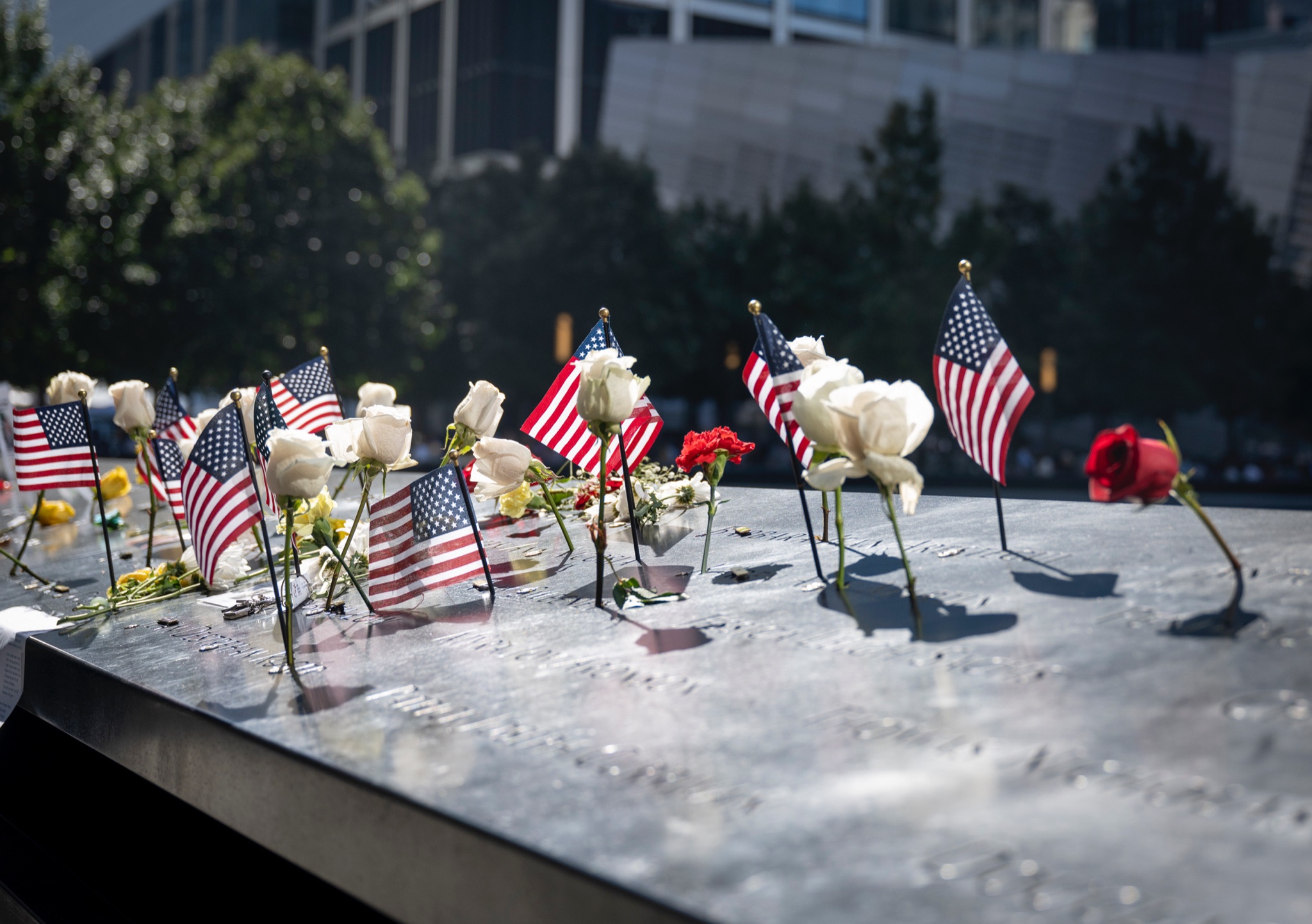 Photo of American flags at 9/11 memorial in New York City.