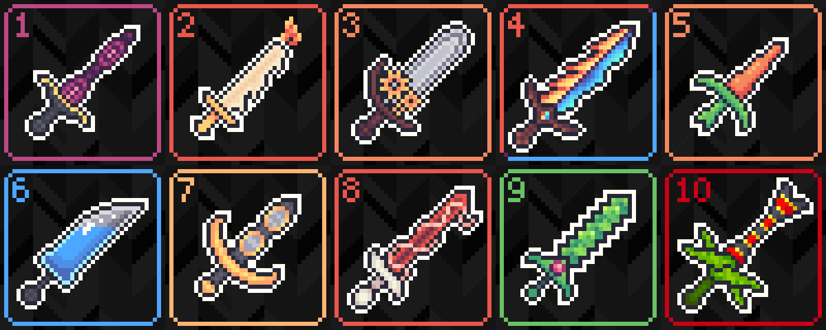 First 10 swords of #swordtember2022 
My fav is day 5 and day 9 so far c:
#pixelart #pixelated #pixelartist