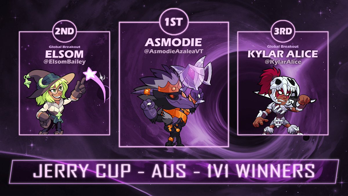 thatjerryboy's tweet photo. Your Jerry Cup AUS 1v1 Podium!

🥇 @AsmodieAzaleaVT 
🥈 @ElsomBailey 
🥉 @KylarAlice 

Congratulations to you all! See you in the next one #brawlhallasponsored https://t.co/m3lEjg9zFB