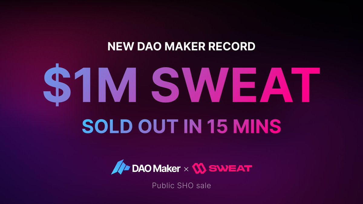 SWEAT breaks another <a href="/TheDaoMaker/">Bullish By DAO</a> record! 🥳

Only 15 minutes to sell out the public sale🔥

That's $1M worth of SWEAT sold in 15 mins💧

#walkintocrypto