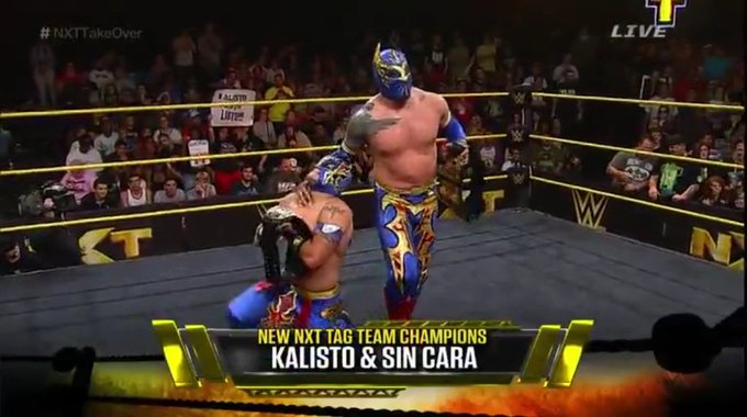 HoursOfWrestlin's tweet photo. On this day in 2014, The Lucha Dragons(@gloat and @CintaDeOro) won the NXT Tag Team Championship at NXT TakeOver: Fatal 4-Way #WWE #WWENXT #NXT #NXTTagTeamTitles #LuchaDragons https://t.co/frSxyJUMtJ