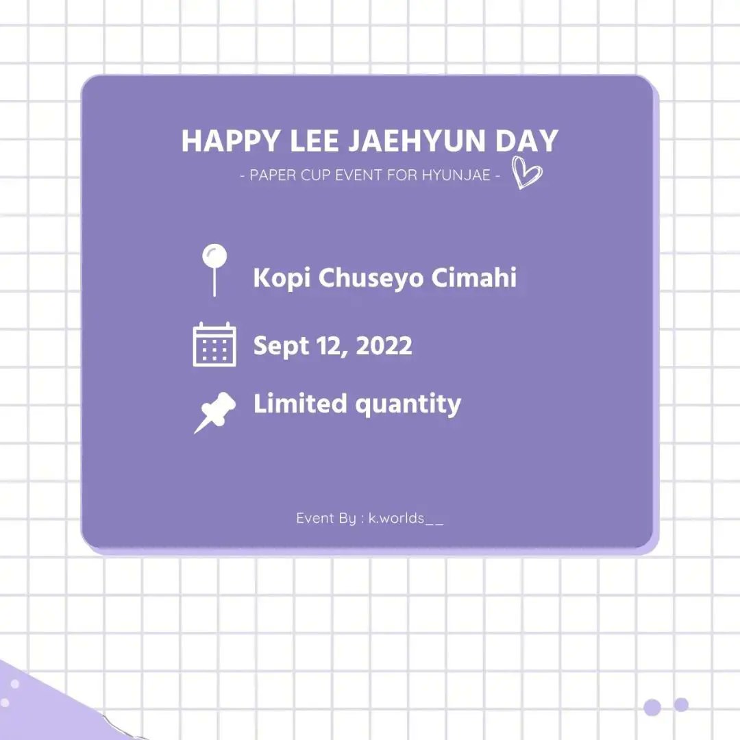 missshop101's tweet photo. Paper Cup Event for Hyunjae 💜
🗓️ Sept 12, 2022 - Sold Out
📍Kopi Chuseyo Cimahi @kpopers_cimahi
📌 Limited quantity
#FREE HANDBANNER
Price : 10k - 15k + drink price
Available for dine-in &amp; take away
First come first serve 🥰
More info, please DM
#happyhyunjaeday #theboyz  #theb https://t.co/UMIhKOTNKw