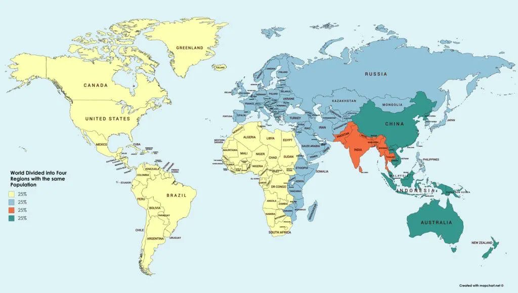 DrSYQuraishi's tweet photo. This map divides the world into 4 regions of equal population! https://t.co/hYsZaTmkrx