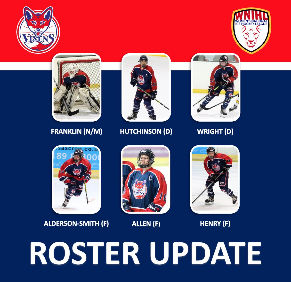 SolihullVixens's tweet photo. ROSTER RECAP
N/M - #13 Michelle Franklin
D - #21 Sarah Hutchinson 
D - #22 Madison Wright
F - #6 Katie Henry
F - #10 Jodie Alderson-Smith
F - #16 Saffron Allen
With more signing announcements next week please continue to keep an eye on our page. https://t.co/qt5sMUzmP8