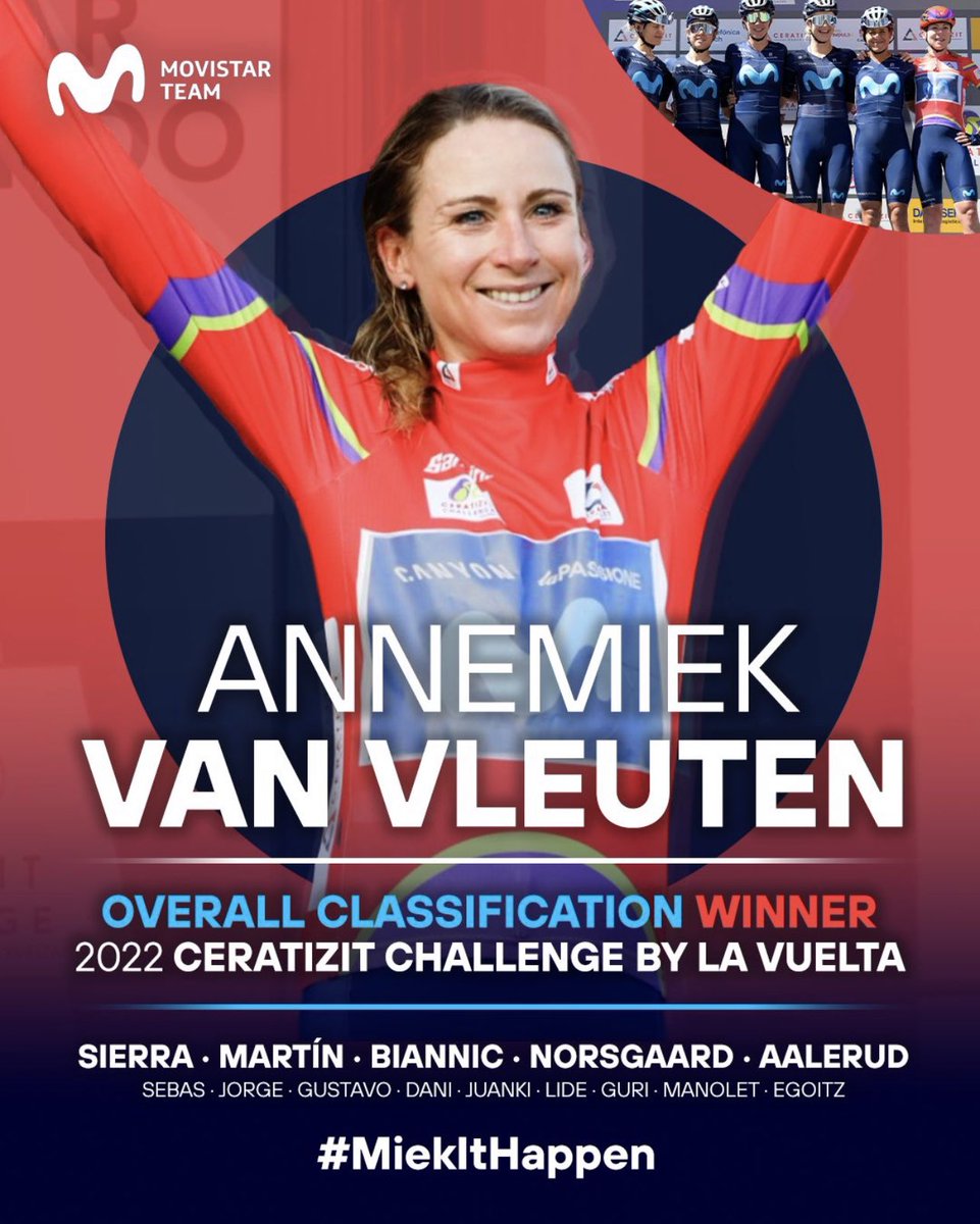 Omloop. Liège. Giro. Tour. @ChallengeVuelta. 🔝🎩

<a href="/AvVleuten/">Annemiek van Vleuten</a>. What a 2022 season. What a woman. 🐐❤️

#MiekItHappen | 🇪🇸 #CERATIZITchallenge22 | Ⓜ️ #RodamosJuntos | <a href="/Telefonica/">Telefónica</a>