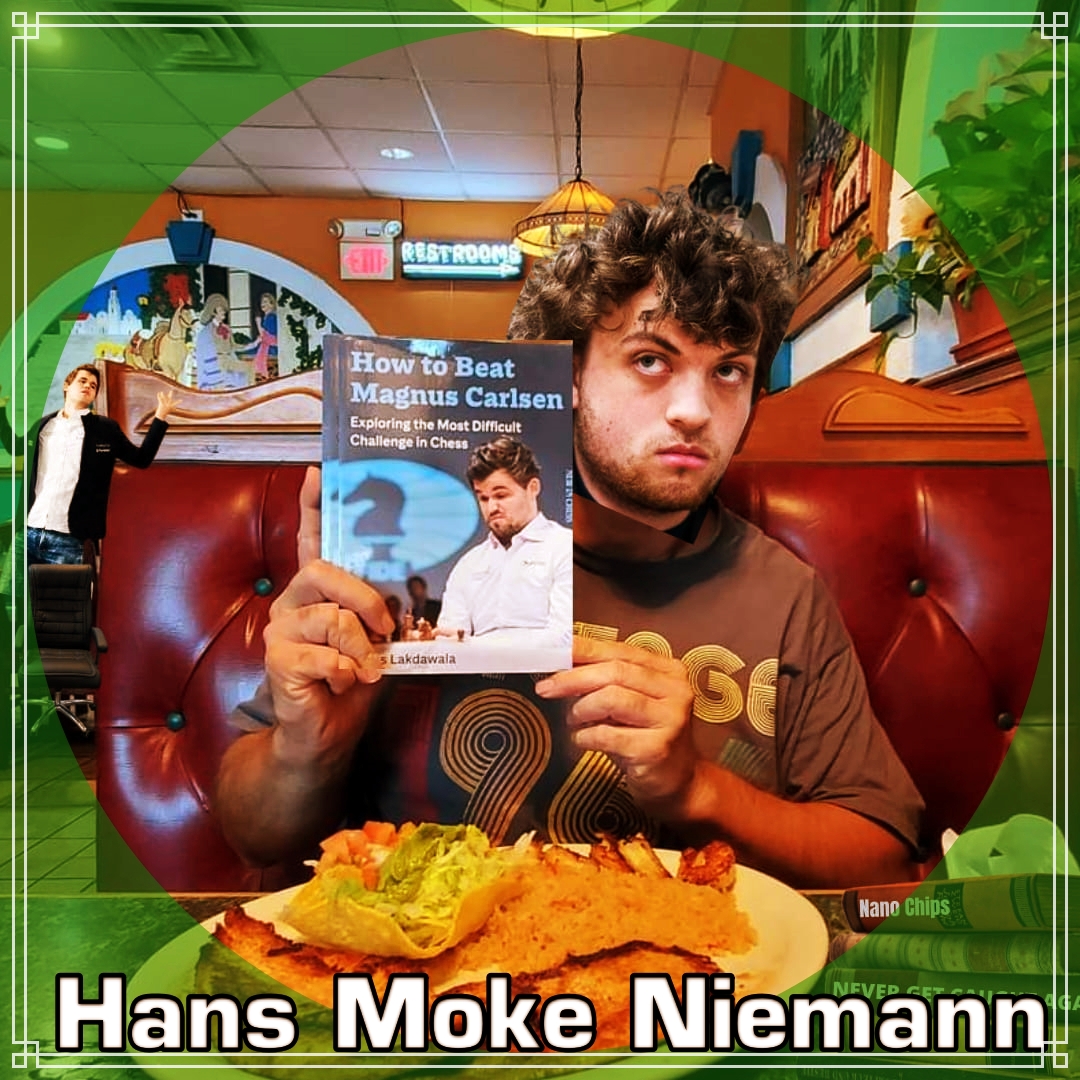 tolitz4x's tweet image. The controversial Hans Moke Niemann holding a book entitled &quot;How to Beat Magnus Carlsen&quot;.