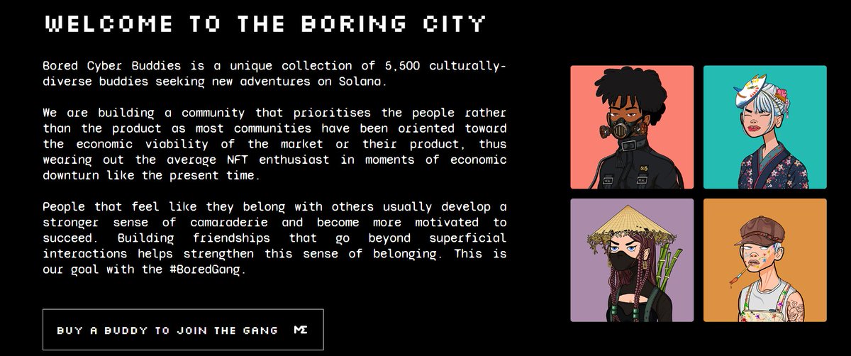 Mint today <a href="/Bored_Buddies/">Bored Cyber Buddies - SOLD OUT</a> : Connected by the blockchain, liberated by web3. A collection of 5,500 culturally-diverse buddies seeking new adventures on Solana

#Solana #SOL #SolanaNFT #NFTs #NFT #NFTdrops #NFTProjects #NFTCommunity #NFA #DYOR