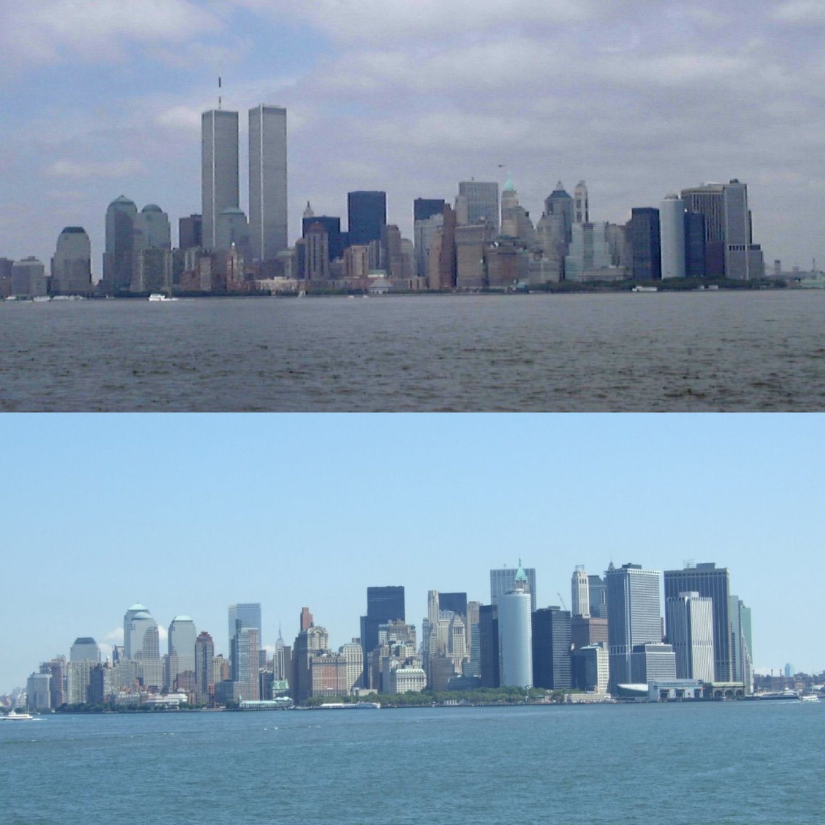PeterLewis55's tweet photo. Nearly 3,000 lives perished in the #NineEleven attack #OTD2001 Pre & Post 9/11 photos by me. Stark reminder of how/where the victims were lost. #WeRemember #NYC #NeverForget #TwinTowers #NeverForget911 #911Memorial @ThePhotoHour @StormHour #September11 https://t.co/G0yTFrYLTX