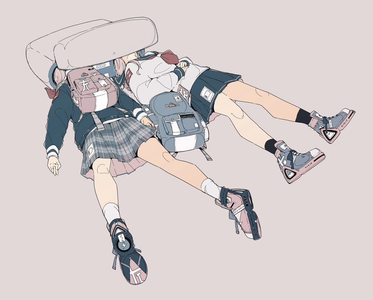 skirt multiple girls 2girls socks flat color backpack bag  illustration images