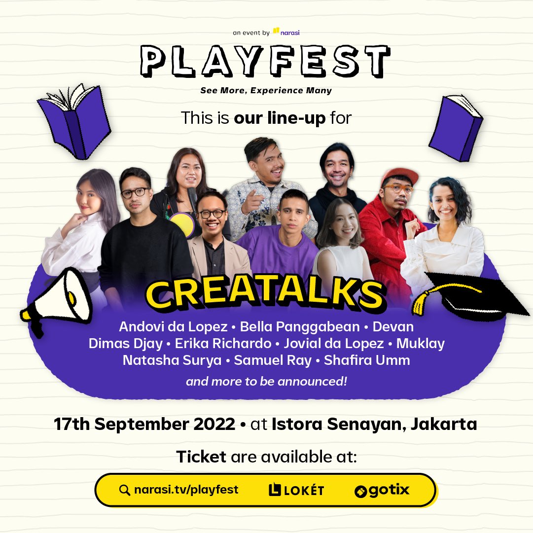 playfestnarasi's tweet image. Are you ready for getting new insight with our lineup at Creatalks?🥳

Yuk dateng ke Playfest tanggal 17 September di Istora Senayan. Kamu bisa dapetin tiketnya melalui narasi.tv/playfest, @loketcom atau @gotixindonesia ya! | Playfest

#Playfest2022 #ReactivateYourSense