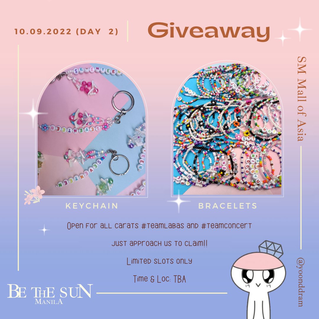 ✨ BeTS In Manila Freebies ✨

Hello fellow carats! me and my friend will be giving out beaded bracelets and keychains on Oct 9! these are handmade by me hope u like it🫶 SEE YOU CARATS!
how to claim: just recite dino's verse in snap shoot (i'm serious)
#BETHESUNinMNL #SEVENTEEN