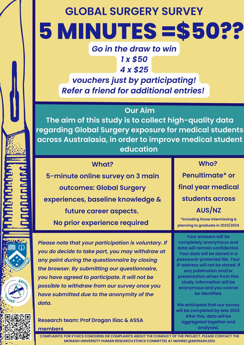 💸WIN $50 - RESEARCH SURVEY OPPORTUNITY💸 

Fill in this 5MIN online survey about exposure to 🌏Global Surgery🌏for a chance to WIN!

LINK: tinyurl.com/globalsurgrese… 

👯Refer your friends for more entries👯

ONLY medical students in their final or penultimate year are eligible