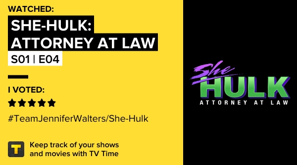 WesterosPT's tweet photo. I've just watched episode S01 | E04 of She-Hulk: Attorney at Law! #marvelsshehulk  https://t.co/aq7SV1lts6 #tvtime https://t.co/HoqSLrdeFc