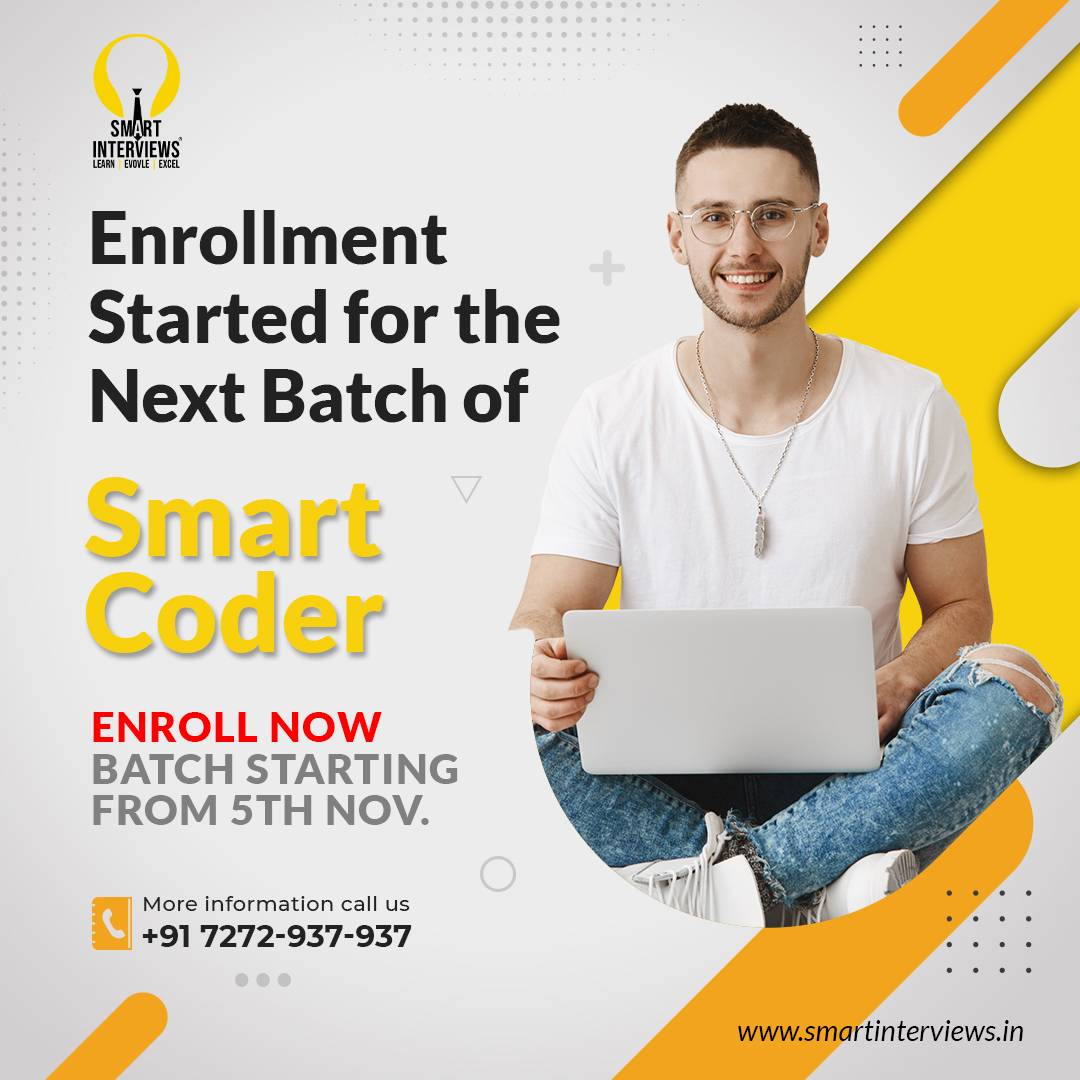 smart_interview's tweet image. Trying to crack coding interviews in top tech companies?
Enroll for the next "Smart Coder" batch and improve your DSA and problem-solving skills.
Enroll Now - smartinterviews.in/courses/smartC…
To know more, can also join our Discord Info Group - discord.gg/R9Wptt8W
#smartcoder