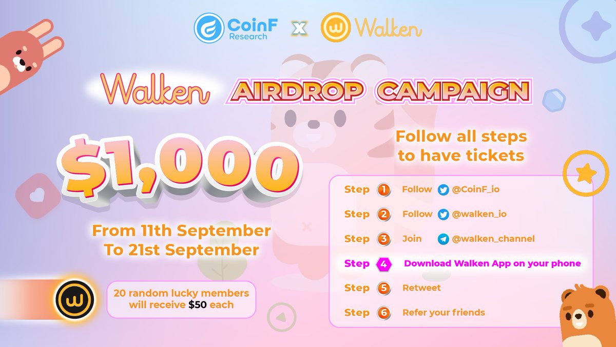 CoinF_io's tweet image. 🎉🎉Airdrop: @walken_io give $1,000 for lucky participants

💰 20 slots for 10 lucky members: $50/each

How to join:
👉Join here:gleam.io/competitions/f…
- ❤️
- Follow &amp;amp; Retweet
📌 Important: Download WalkenApp to have your #WLKN wallet.

#airdrop #giveaway #walkenapp #M2E #