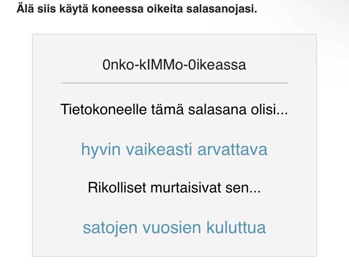 kimmorousku's tweet photo. Voiko turvallinen, laadukas salasana olla helposti muistettava, tai muuten ymmärrettävä ja  hallittava? 

Voit testata erilaisten salasanamallien laatua @Yleisradio #Digitreenit sivulla. 
- päihitetään v€rkk0r1koll!set!

https://t.co/tzf5eZwCwd https://t.co/JXn1UmJWJU