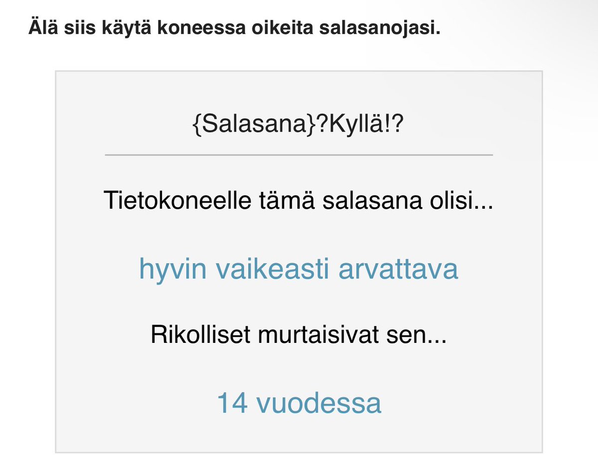 kimmorousku's tweet photo. Voiko turvallinen, laadukas salasana olla helposti muistettava, tai muuten ymmärrettävä ja  hallittava? 

Voit testata erilaisten salasanamallien laatua @Yleisradio #Digitreenit sivulla. 
- päihitetään v€rkk0r1koll!set!

https://t.co/tzf5eZwCwd https://t.co/JXn1UmJWJU