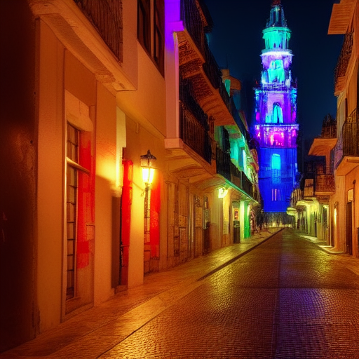 Haciendo pruebas con Midjourney intentando ver cómo retrata Murcia. Me crea una calle que bien podría ser del centro, aunque medio genérica de esta zona de España. Mientras continúo añadiendo términos, va y me dibuja una pseudotorre de la catedral de Murcia.
