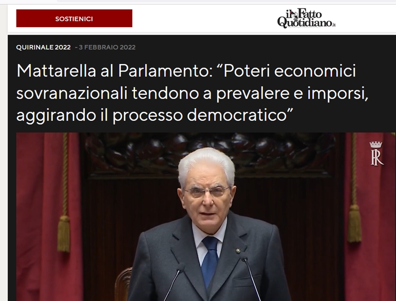 ImolaOggi's tweet photo. Non è un'invenzione dei 'complottisti'.
FEBBRAIO 2022 - "Poteri economici sovranazionali tendono a prevalere e a imporsi, aggirando il processo democratico”. Lo ha detto il presidente della Repubblica, Sergio Mattarella https://t.co/htNtENvgsV