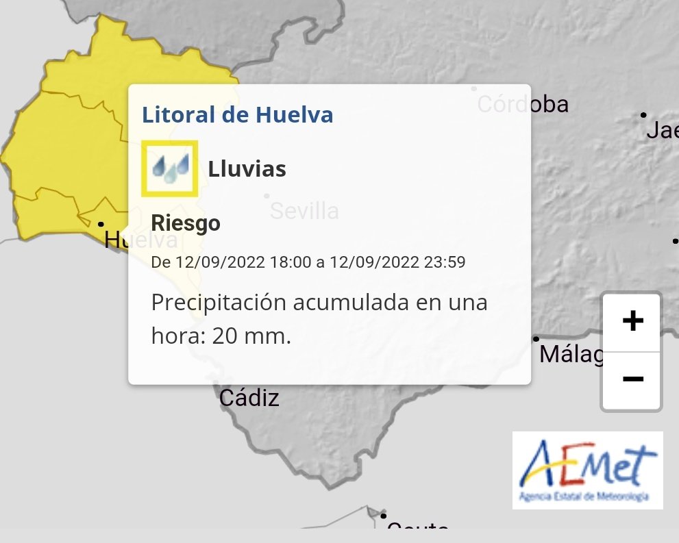 Meteohuelva's tweet photo. Como viendo siendo habitual últimamente, los modelos han ido rebajando los acumulados de lluvia para esta semana en #Huelva. Mañana lunes a última hora del día si puede llover con intensidad y por ello Aemet activa el aviso amarillo en toda la provincia a partir de las 18:00 h. https://t.co/72z5ypq0t7