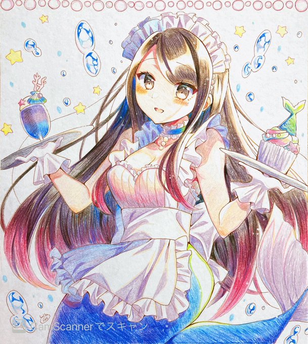 マーメイドなメイド#創作#色鉛筆#ヲトメツバキ 