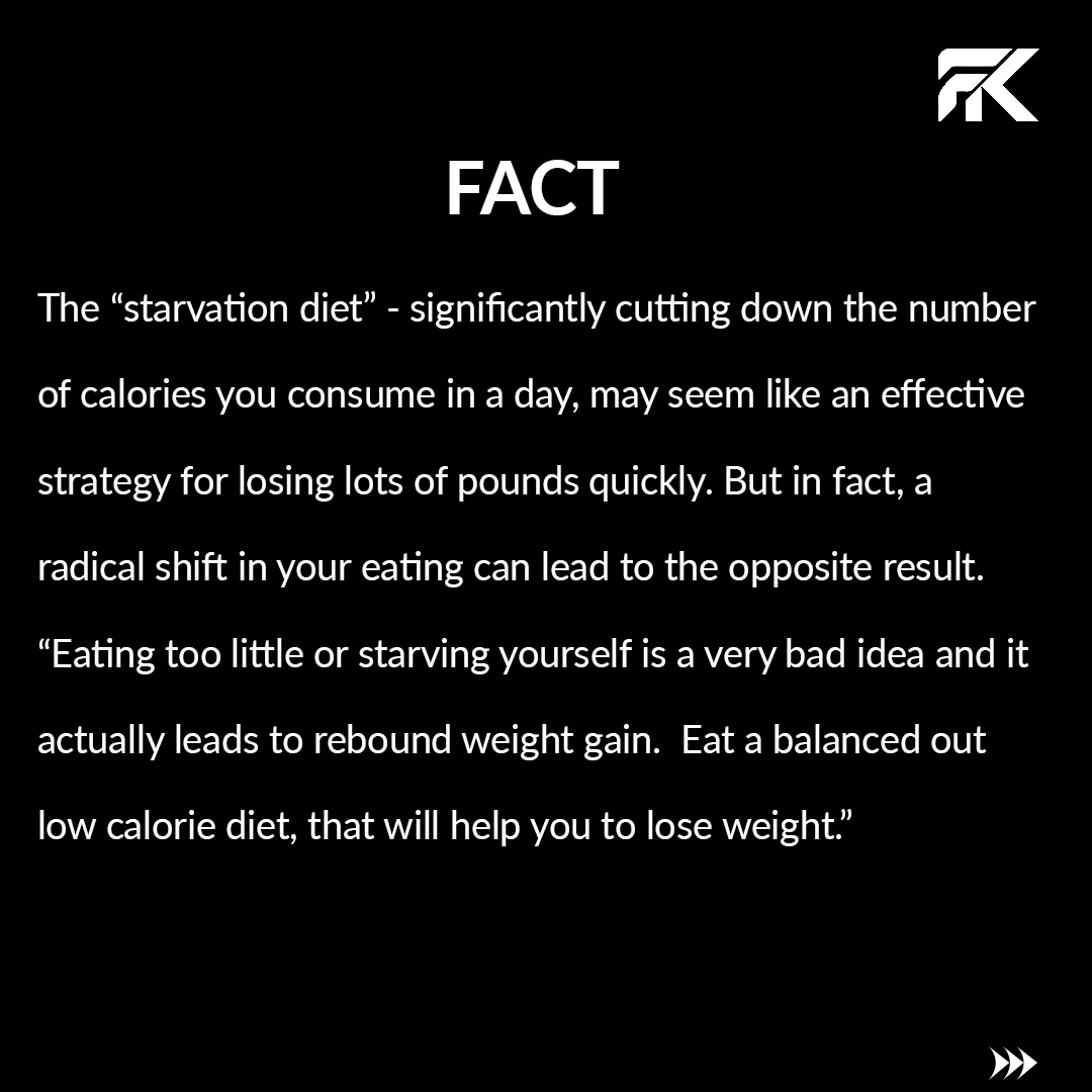 FitKilter's tweet photo. Let's break some myth with #fkfacts ✅ 
.
Starving is not a solution ❌
.
#myth #fact #myths #fatloss #weightlosswithfk #fk #fitkilter #fitkilterfam #fkfitness #fitness #healthylifestyle #nutrition  #fatloss  #exercise  #fktrainer #fktraining #carousel #fun #fitnesstips https://t.co/lwYvncGaY8