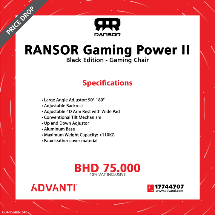 ADVANTIGroup's tweet photo. β¬ GAMING CHAIR β¬
π₯ RANSOR Gaming Power II π₯
PRICE: BHD 75.000 (10% VAT Inclusive)
For orders: π 17744707 π https://t.co/uBj4iXdgtU
WE DELIVER! ππ¦
#advantibahrain #RANSOR #Gaming #PowerII #Chair #Bahrain #Manama #Saar https://t.co/H3YwgNQFz4