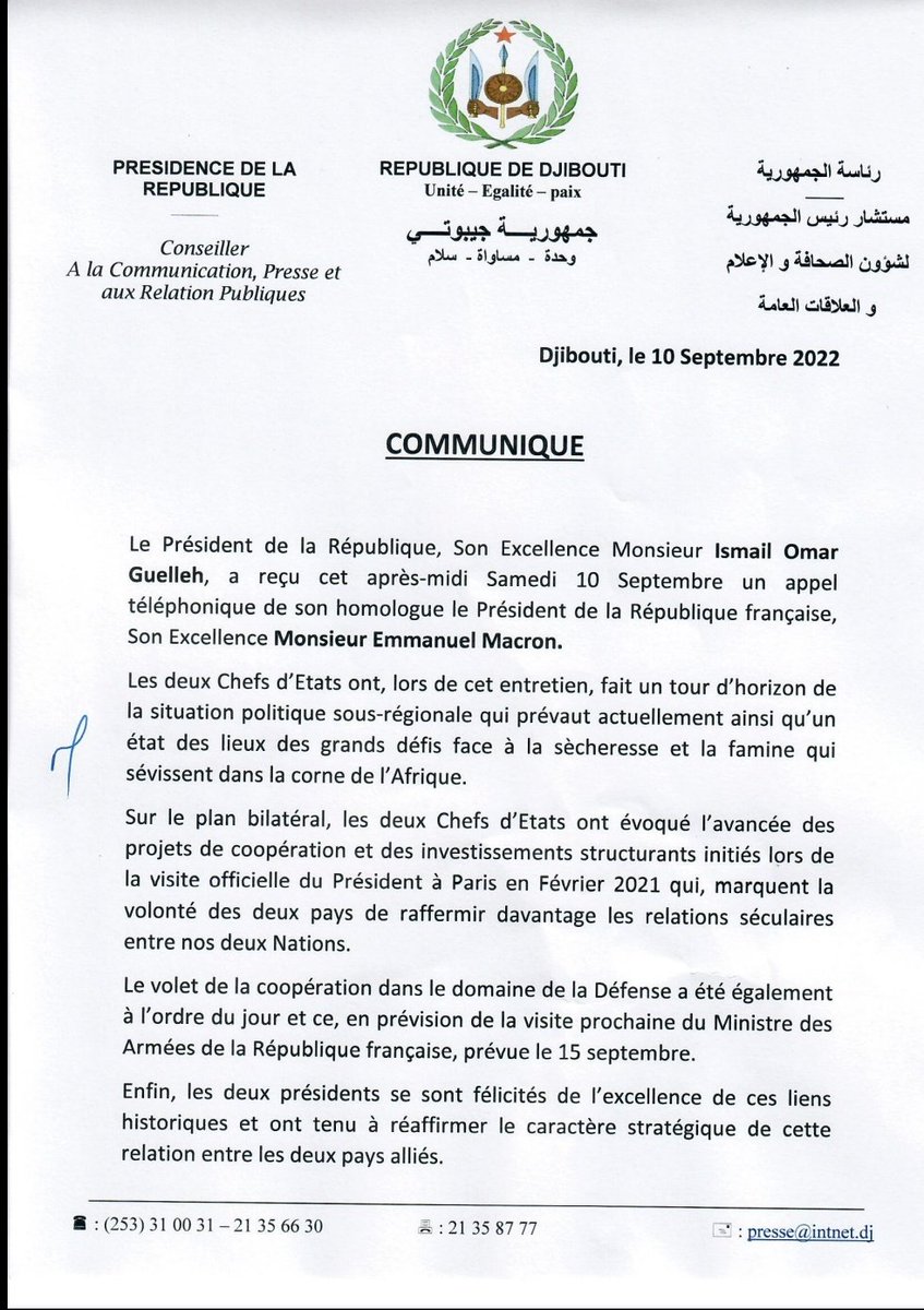 23Kidar's tweet photo. #Djibouti
Communiqué de la Présidence de la République. https://t.co/0q4NAnc7Mg