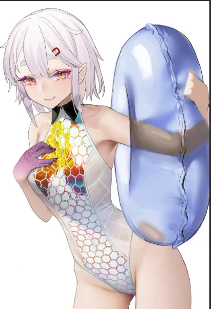 いて利用しています当初は浮き輪まで入れた形を考えていましたが画面がスカスカな感じがして止めました、いっつもそう最後いらないパーツを削る作業をする今回はテスト的に1週間で描き上げる事を意識してある程度体系的な描き方(グリザイユっぽい奴)に完全移行してます→ 