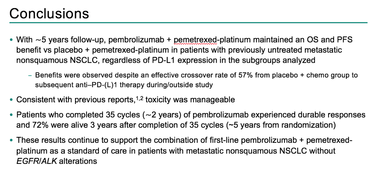ManuelDomine's tweet photo. KEYNOTE-189: 5-Y Update: The study that changed the standard treatment of metastatic nsqNSCLC.5-y OS: 19.4% vs 11.3%,5-y PFS: 7.5% vs 0.6%.  72% of pts who completed 35 cycles of pembrolizumab  were alive 3 y after completion of 35 cycles @Hospital_FJD @OncoAlert @myESMO #LCSM https://t.co/GSEICzO3Sf