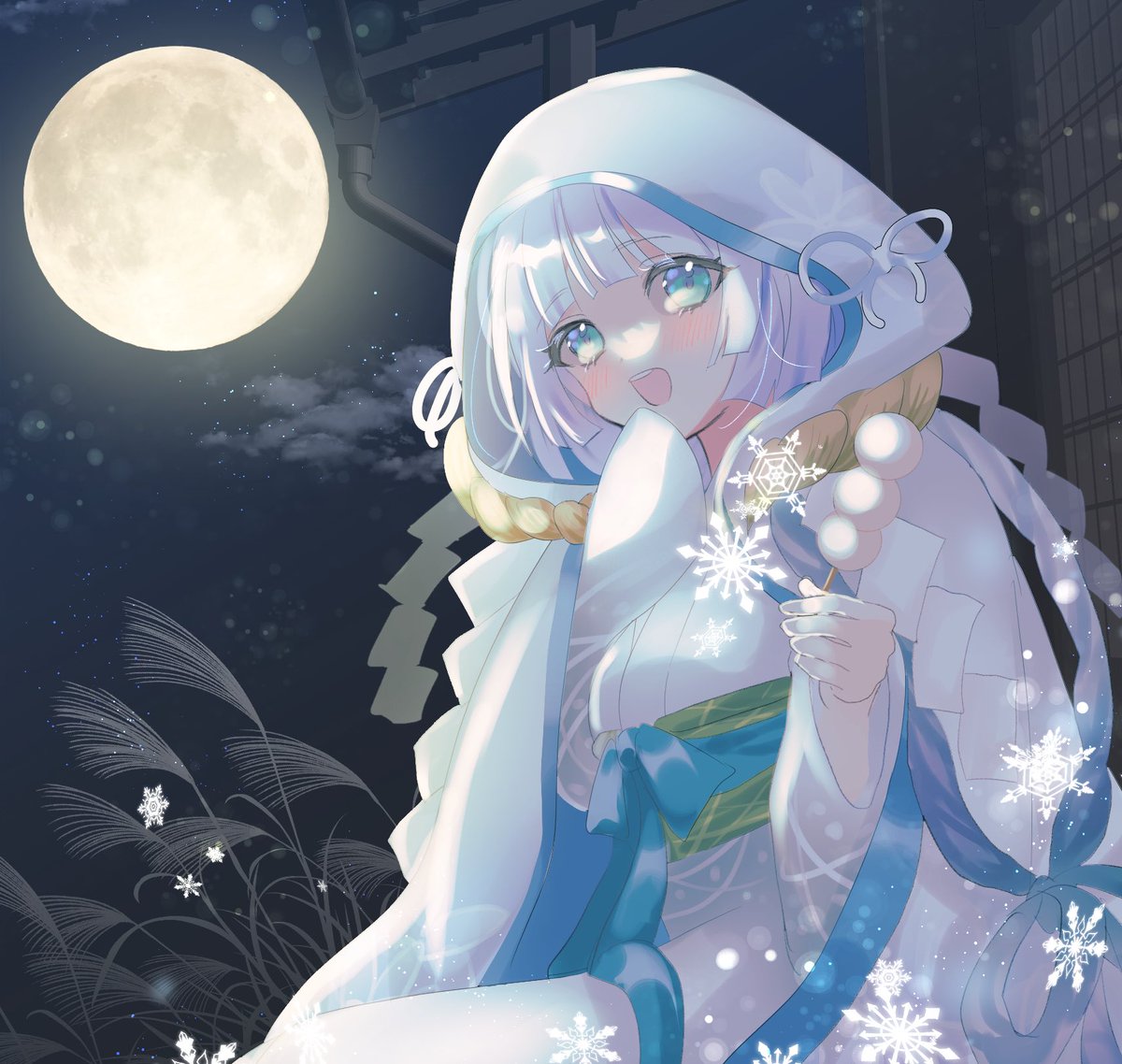 1girl japanese clothes moon kimono night snowflakes solo  illustration images