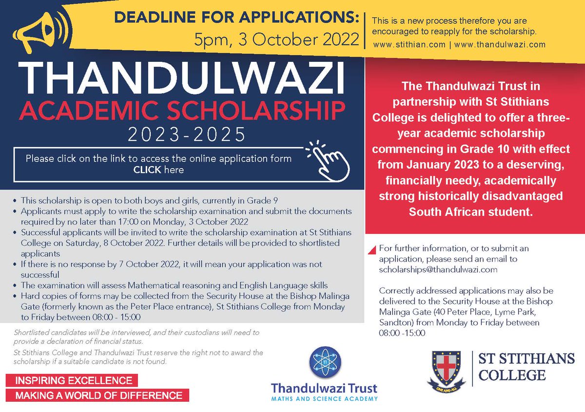 We are very excited to announce that applications are now open for the Thandulwazi Maths and Science Academy Academic Scholarship 2023-2025. Please refer to the advert for more information and click on this link forms.gle/15z6aqWdsRwCTa… to access the application form.
<a href="/ststithians/">St Stithians College</a>