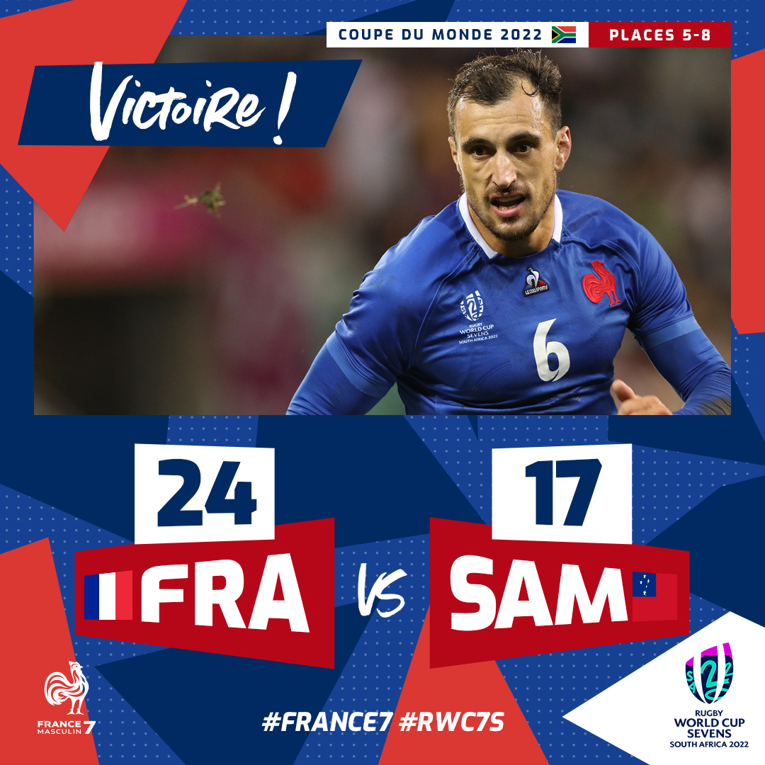 FranceRugby's tweet photo. 🇫🇷🇼🇸 Une belle victoire pour les Bleus !
Ils affronteront l'Argentine tout à l'heure à 18:37 pour la 5e place !
#FRASAM #France7 #RWC7s https://t.co/nYZfUfvNf3