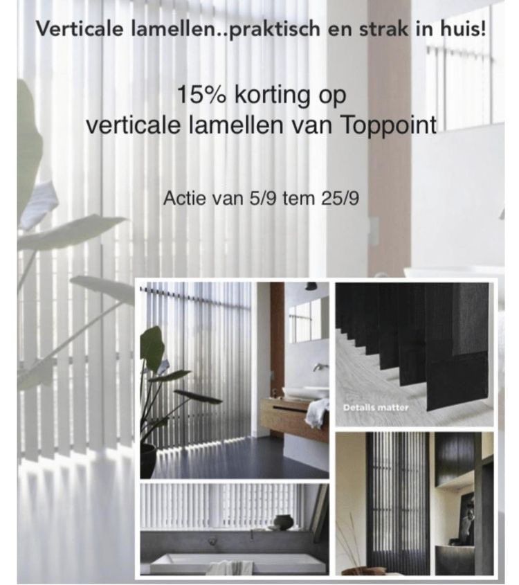 deBeverVerf's tweet photo. Verticale lamellen zijn ideale raamdecoratie voor veel soorten ramen. Door de lamellen op elke positie te kunnen plaatsen is het mogelijk om een perfecte lichtinval te creëren. Lamellen zijn verkrijgbaar in verschillende materialen, stof, Iso Reflex®, PVC alu
Nu 15%
Tot 25/9/2022 https://t.co/8z0N6h8KMU