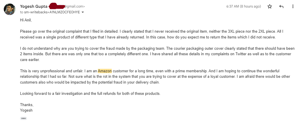 yogesh666's tweet photo. @amazonIN trying to cover up a fraud made by packaging/delivery. The products were never delivered (but marked so in the portal). When I complained to OFM/SM, they shamelessly refused to issue refund. Is there any other forum I can escalate this to?
#BoycottAmazon #DeliveryFraud https://t.co/J3YLYPqZS6