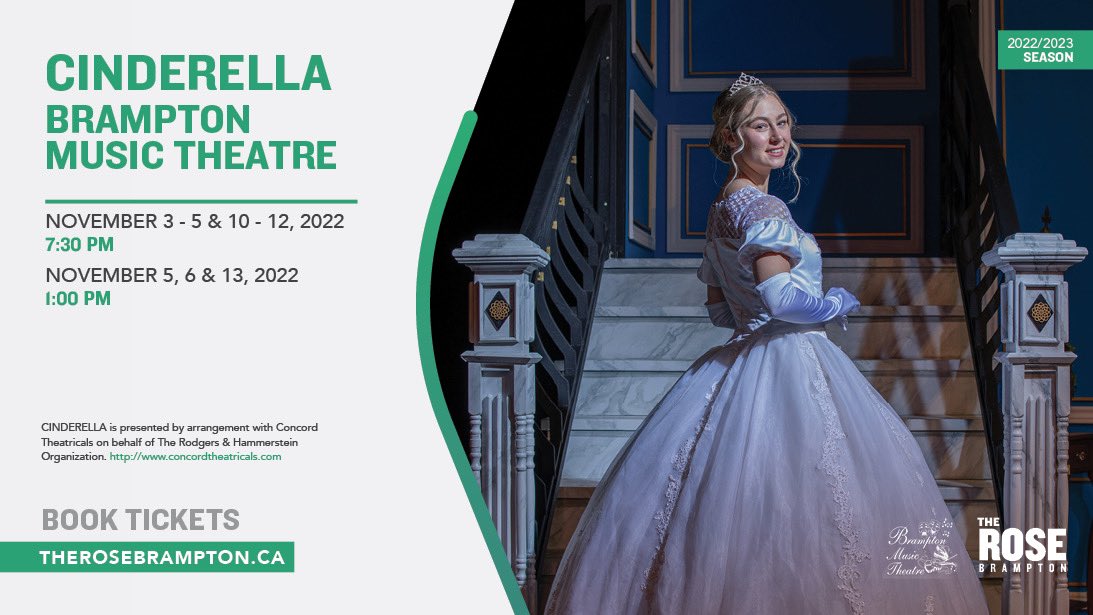 rosebrampton's tweet photo. 📢SHOW ANNOUNCEMENT: BRAMPTON MUSIC THEATRE'S CINDERELLA🏰

@BMT_Brampton Rodgers + Hammerstein’s Cinderella is coming to The Rose! This lush production features incredible music, and all the moments you love—the pumpkin, the glass slipper, the masked ball, and more! https://t.co/g56OonGu7B