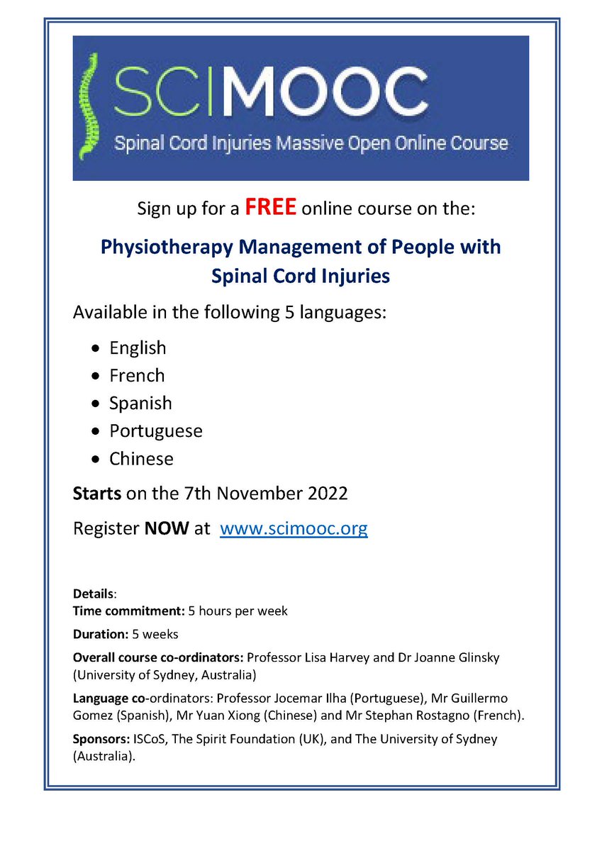 WorldPhysio1951's tweet photo. Our colleagues at International Spinal Cord Society are holding a Spinal Cord Injury Physiotherapy Massive Open Online Course (SCIPT MOOC), starting on 7 Nov. More details: https://t.co/aKpdpLc7om
#GlobalPT @AWcpta @WorldPhysioAWP @ERWorldPhysio @WorldPhysioNACR @WorldPhysioSAR https://t.co/u04I4v8hta