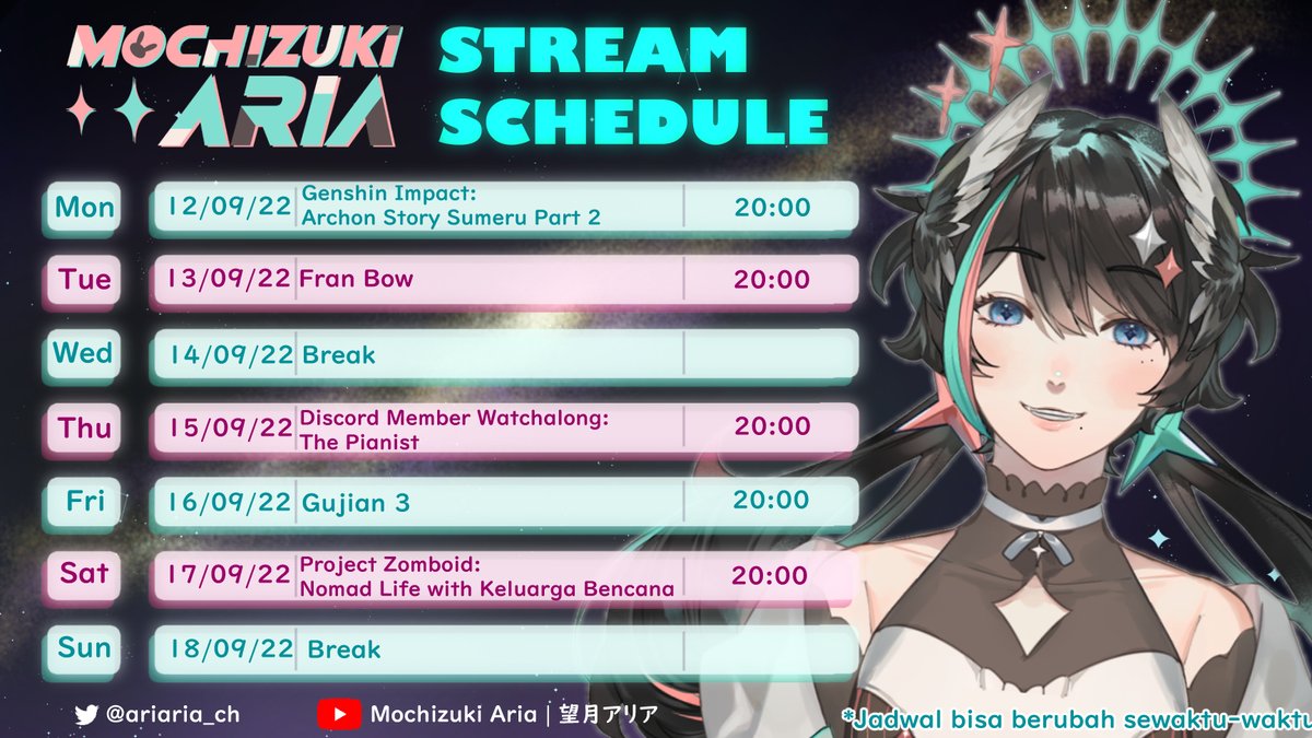 ariaria_ch's tweet photo. Next week's schedule!!

Youtube Channel: https://t.co/WUQFtWROpy

General : #ARIAria
Art: #ARIAriART
Memes: #ARIAMemes
Live: #ARIARaibu https://t.co/26TCyrRB7S