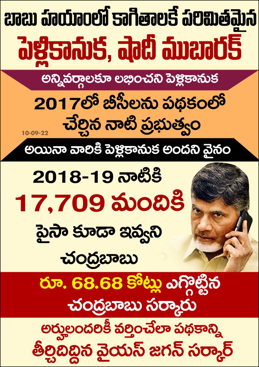 AndhraFactCheck's tweet photo. బాబు హయాంలో కాగితాలకే పరిమితమైన పెళ్లికానుక, షాదీ ముబారక్ 
అన్నివర్గాలకూ లభించని పెళ్లికానుక
అర్హులందరికీ వర్తించేలా పథకాన్ని తీర్చిదిద్దిన వైయస్ జగన్ సర్కార్
#kalyanamastu
#YSRCP 
#marriage 
#thofa https://t.co/UVlxCuLAnt