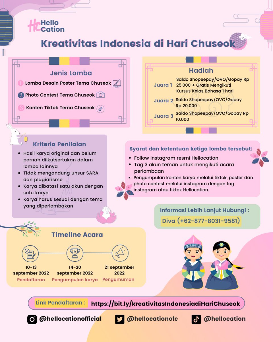 hellocationofc's tweet image. [Hellocation x Chuseok Day : Kreativitas Indonesia pada Hari Chuseok]
Anyyeong cationers!👋

Kali ini dalam rangka ngerayain Chuseok Day. Hellocation ngadain lomba nihh guyss.