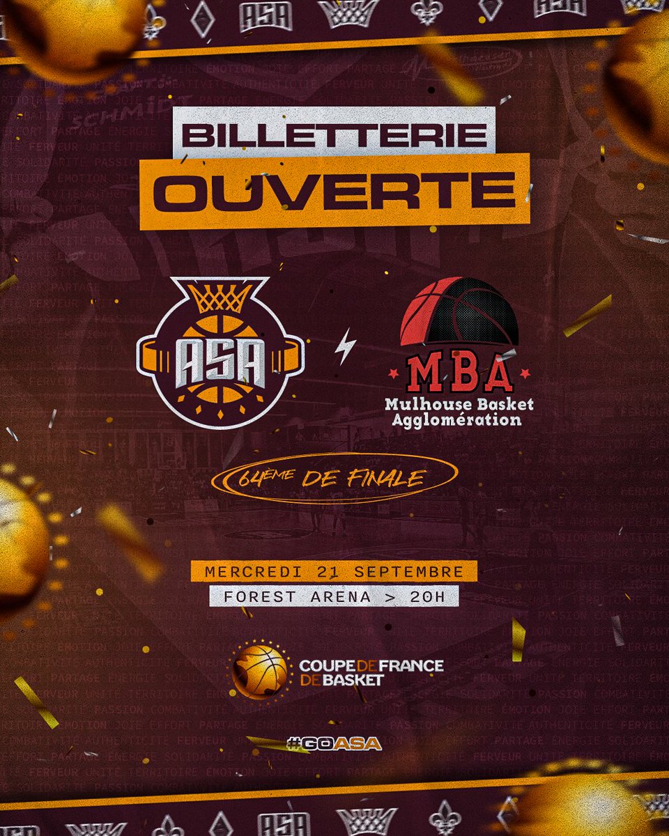 🎟 Ouverture billetterie Coupe de France 

Pour les 64e de Finale de Coupe de France l'ASA reçoit @mbaprobasket mercredi 21/09 à 20h à Gries. 

#ASAFamily l'équipe compte sur vous pour enflammer la Forest Arena 🔥
👉widget.weezevent.com/ticket/3959fe9…