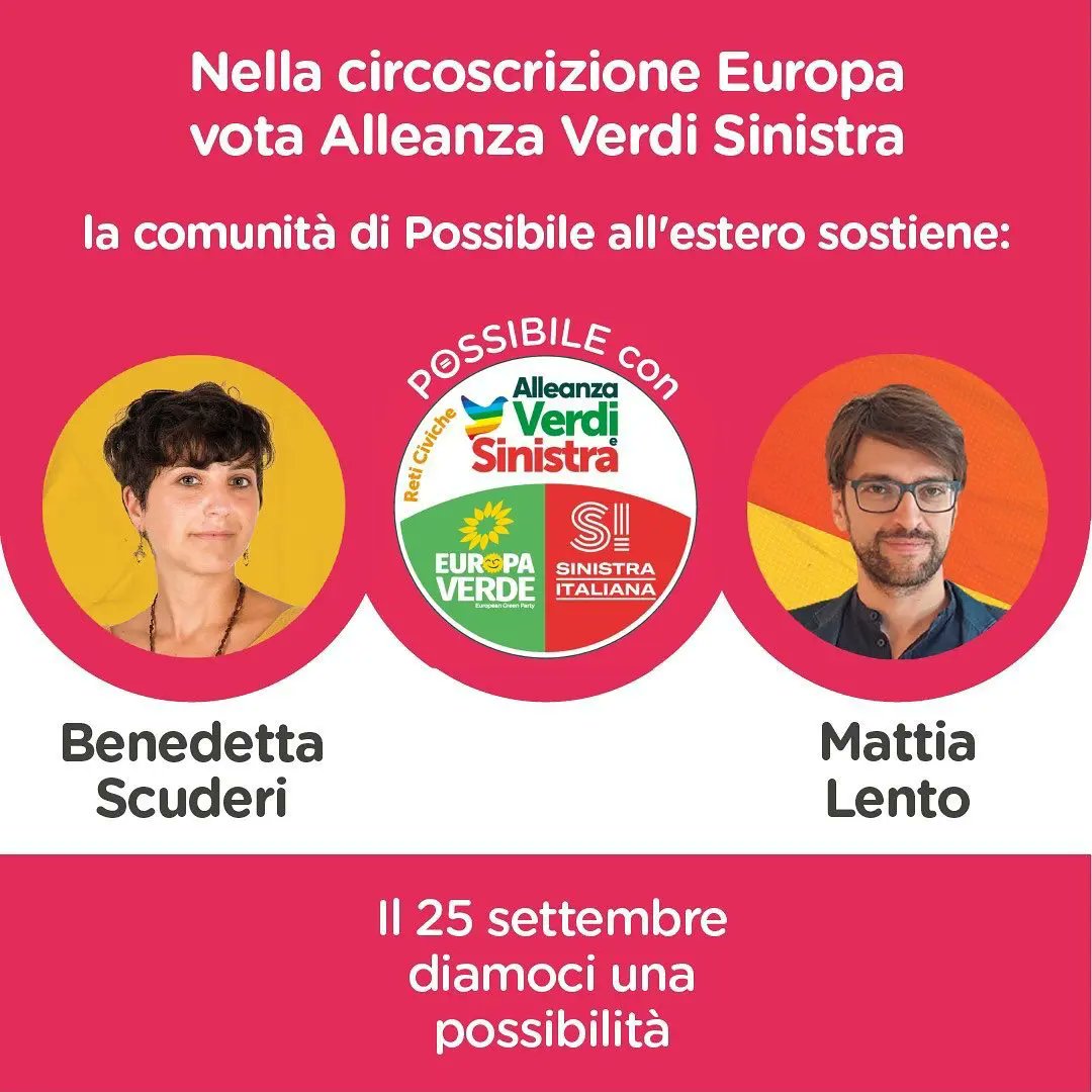 "Come facciamo a votarvi dall'Estero?". Barrando la lista #AlleanzaVerdiSinistra in tutte le circoscrizioni in cui si presenta.

Nella Circoscrizione Europa alla Camera sosteniamo, in particolare, le candidature di Benedetta Scuderi e Mattia Lento. 

Buon voto a tutte e tutti!