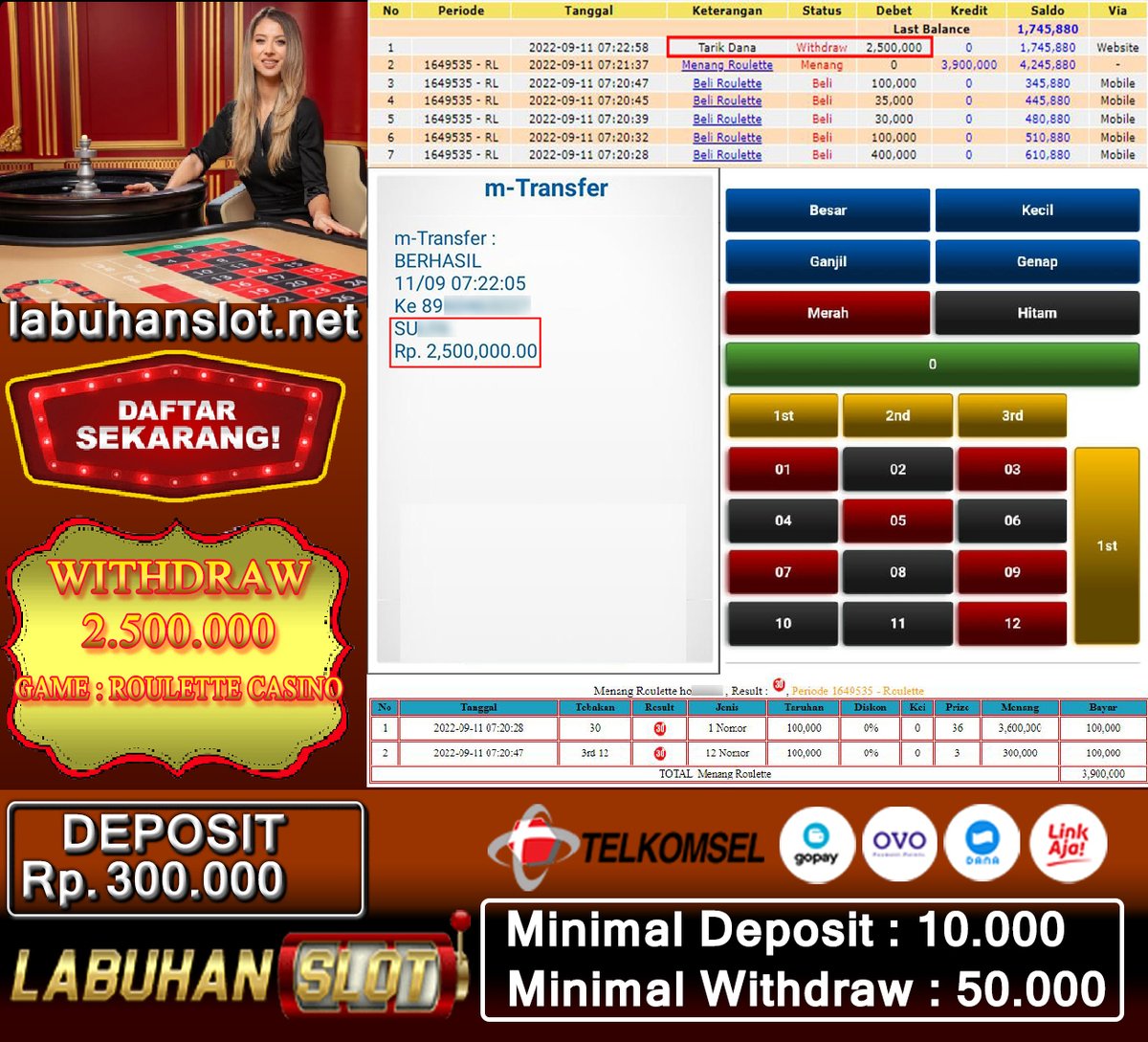 LabuhanSlot's tweet photo. MEGA WIN ROULETTE BOOMMMS!!
DEPOSIT : 300.000
WITHDRAW : 2.500.000
GAME : CASINO ROULETTE
STAKE : 100.000

#CASINO #ROULETTE #SICBO #24D #IDNLIVE #IDNTOTO #LABUHANSLOT #BANDARTOGEL #TOGELTERPERCAYA #CASINOTERPERCAYA https://t.co/AkjhJtf28k